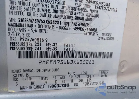 2003 Mercury Grand Marquis Ls from USA, damaged, VIN 2MEFM75W63X635281